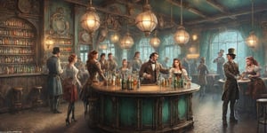 Image of a tavern, 18th century steampunk style, tables at the background, mixed past. Bartender, people, girls