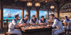 illustration of a pocker game, tavern 19th century style, small tables at the background, boys,  sailors blue and white stripes ,sailors uniform, drinking and playing cards, illustration, boys ,scenery