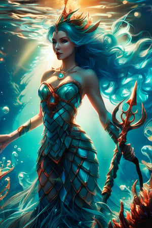 epic composition, cinematic lighting, masterpiece, a sea goddess, water trident, aqua blue hair, commanding pose, frontal shot, underwater kingdom background, full body portrait, dim volumetric lighting, 8k octane beautifully detailed render, intricate, stunning Detailed matte painting, deep color, fantastical, intricate detail, complementary colors, fantasy concept, colorful, color art, color chaos, majestic