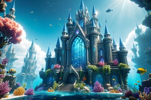 4d spring-theme videogame landscape, ((Cristal Palace at the botton of the ocean, made out of cristals, fantasy art, Atlantida (underwater city), scenery, there re fish in the ocean and reefs, amazing wallpaper, 4k high res, very beautiful photo, underwater city make out of glass, magical colors and atmosphere, epic artwork, bloom. high fantasy)), (Game Cinematic Feel, Epic Graphics, Intricately Detailed, 8K Resolution, Dynamic Lighting, Unreal Engine 5, CryEngine, Trending on ArtStation, HDR, 3D Masterpiece, Unity Render, Perfect Composition:0.8)