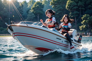 The world-class speedboat race is held on a sunny lake. Meimei and Nana are two very beautiful and sexy contestants. They drive with their own bright smiles and skillful postures. The speedboat jumped on the water like a whirlwind, as eye-catching as a flying fish. The sun shone on the two contestants, and the spray of water created layers of mist-like veils. The colorful light refracted by light, shadow and sunlight is eye-catching. The champion is about to emerge. {{Masterpiece}}Highest quality. The best visual design sense.