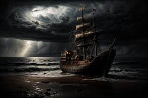 surreal painting featuring a ship in a bottle, a massive ghost pirate ship with pirates flag, its hull decayed and weather-beaten, stranded on a dark, rocky coastline, a stormy sky looms overhead, casting the scene in an ominous light, the rough texture of the dry brush style adds to the weather-beaten, dark, gothic, fantastical, symbolic, disturbing, intricate, highly detailed glass bottle on a stand, moody lighting, complex textures, organic forms intertwined with mechanical elements