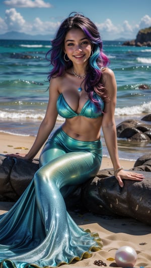 beautiful mermaid, rainbow color hair, smile, sitting on a dreamy beach, surrounded by pearls and seashells, ((full body image)), ((holdig a big shiny pearl)), best quality, ultra quality, ((ultra realistic)), ((hyper realistic)) , ((insane details)) , 8k, perfect scenery , detailed scenery, ((vibrant colors)), (((extremely detailed background))) , amazing quality, very aesthetic, (((super realistic))) , intricate detailed, amazing beauty, ((beautiful colors)), Young pretty face, perfect face, detailed face, perfect eyes, detailed eyes, (smile), (vibrant colors), ((photo realism)), masterpiece, ultra high res, (photo realistic:1.6), (lifelike), 