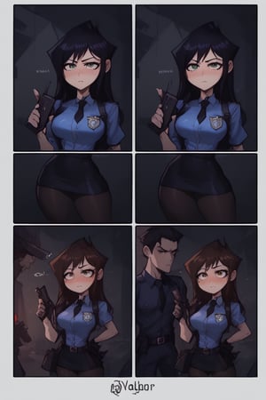 1 girl,phone,leggings,black leggings,black jaquete,green eyes,black hair,long hair, blush,black skirt,police investigator at a crime scene,1 boy, detective ,brown eyes,brown hair,gun,comic,manga,dark theme,concept art,Expressiveh