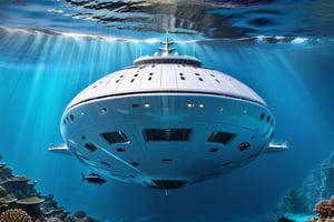 A vast futuristic submerssible cruise ship, passengers can be seen looking out from large viewports on the sides, 8k, detailed, sharp focus, clear ocean water, well illuminated by sun filtering from the surface, the surrounding ocean features a steep vertical wall of corals, sense of the vast ocean depths, beautiful and peaceful