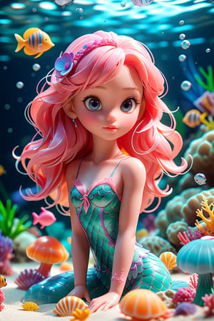 (masterpiece, 3d, doll model, toy, tiny cute, digital art, dynamic light & pose, ethereal quality, extremely detailed, vibrant lighting, colorful, light particles), jellyfishes underwater world, sea jellies, underwater world, a beautiful young model with pink hair, mermaid tail, she between colorful magic jellyfishes