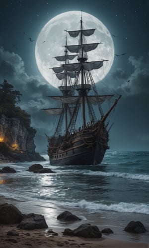 Ultra Close-up portrait, an old and large pirate ghost ship, abandoned and stranded in the waters of a deserted and wild beach at night with a large moon illuminating and reflecting in the sea, rocks and trees around, seagulls and birds flying, the ship is worn out by time and covered in vegetation, atmosphere of fantasy, mystery and dream, dramatic lighting, perfect framing of the image, film poster style, oil painting, vintage photo style, van gogh style, caravagio, Greg Rutkowski style