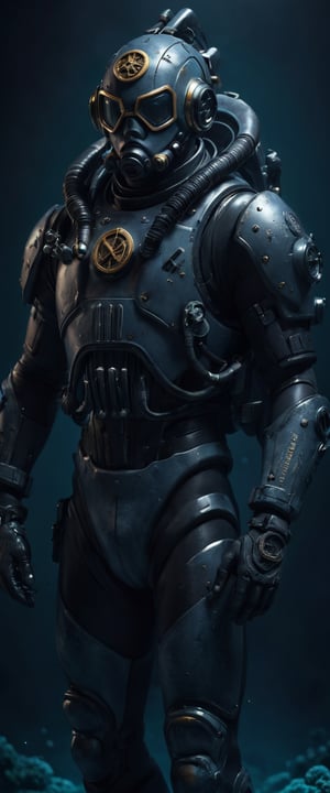 8k uhd,High resolution CGI artwork 8k), men in a Deep divers suit Marine 40k, diver marine armor, trident symbol on the chest, agressive look, full body