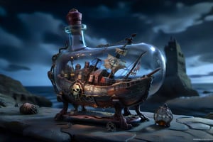 A bottle on the table, intricate, highly detailed glass bottle lying on a stand, inside this bottle a ghost pirate ship with pirates flag, its hull decayed and weather-beaten, stranded on a dark, rocky coastline, casting the scene in an ominous light, the rough texture of the dry brush style adds to fantastical, dark, gothic, symbolic, disturbing, intricate, highly detailed glass bottle on a stand, moody lighting, complex textures, organic forms intertwined with mechanical elements Close up view