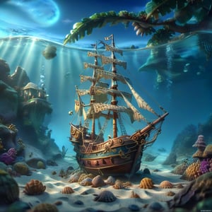 MAGICAL cute STORYBOOK tropical bay , shabby STYLE lovely sailing ship on the beach, view on the tropical bay , summer, underwater  Modifiers: highly detailed dof trending on cgsociety steampunk fantastic view ultra detailed 4K 3D whimsical Storybook beautifully lit etheral highly intricate stunning color depth disorderly outstanding cute illustration cuteaesthetic Boris Vallejo style shadow play The mood is Mysterious and Spellbinding, with a sense of otherworldliness  otherwordliness macro photography style LEONARDO DIFFUSION XL STYLE vintage-futuristic