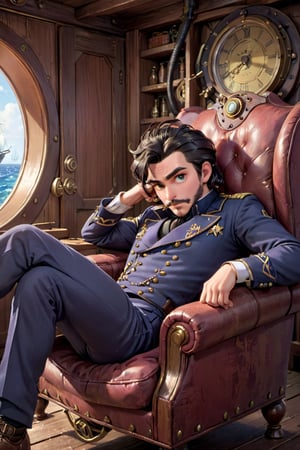 1boy, image of  captivating scene featuring by Captain Nemo sitting in an armchair in his cabin on the Nautiluss, semi side view, mature, gray eyes, dark beard, (((full body))), Steampunk., ((full body view.)) (( Action pose)) (Masterpiece, Best quality), (finely detailed eyes), (finely detailed eyes and detailed face), (Extremely detailed CG, intricate detailed, Best shadow), conceptual illustration, (illustration), (extremely fine and detailed), (Perfect details), (Depth of field),disney pixar style