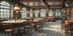 Image of a tavern, 18th century steampunk style, tables at the background, mixed past and future,,ste4mpunk