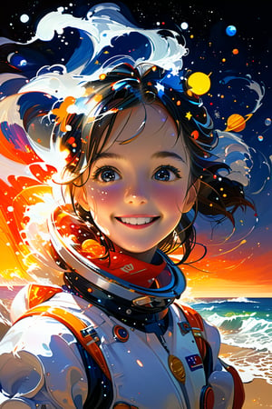 (masterpiece:1.4),portrait of cute 1girl, space suit, smiling,no helmet 
outer planets beach, giant waves swirling in the background, twinkling stars,endless colors, endless depth, perfect lighting,  emotional scene, dramatic shadows, superlative technique, ultimate composition, supreme work of art