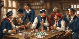 Iustartion of a tavern, 19th century style, small tables at the background, illustration, sailors blue and white stripes ,sailors uniform, drinking and playing cards, pocker game