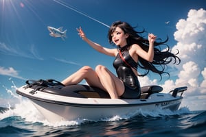 The speedboat race is held on a sunnyday. a couple,  1girl, brunete, she is wearing a stylish, black and blue, form-fitting wetsuit in a vibrant color, 1boy, dark hair, divers wetsuit. Her long, wavy hair flows in the ocean breeze as she gazes confidently at the camera. beautiful and sexy contestants. they drive with their own bright smiles and skillful postures. The speedboat jumped on the water like a whirlwind, as eye-catching as a flying fish. The sun shone on the contestants, and the spray of water created layers of mist-like veils. 