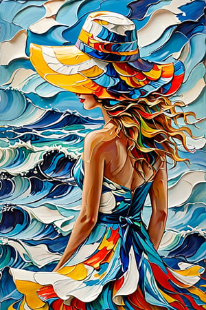 A vibrant and colorful painting of a woman in a flowing dress and a wide-brimmed hat. The woman's hair is depicted in a wavy manner, cascading down her back. The background consists of abstract blue and white patterns, possibly representing water or waves. The painting style is thick and textured, with bold brush strokes that give it a three-dimensional feel.