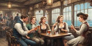 Image of a tavern, 18th century style, small tables at the background, illustration, sailors drinking, sexy girls passing by, pretty faces