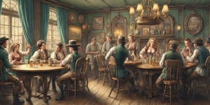 Image of a tavern, 18th century style, small tables at the background, illustration, gents drinking, sexy girls passing by