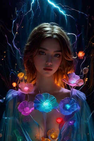 ((Top Quality)), ((Masterpiece)), ((Genuine)), Portrait,
A girl, a celestial body, a god, a goddess, a particle of light, a halo, a line of sight,
(Bioluminescence: 0.95) Many bioluminescent, lightning bolts and separated human limbs float in the rainbow-colored glass, bright, colorful, (glow, glow),
(beautiful composition), cinematic lighting, complex, (symmetry: 0.5), eccentric, absurd,