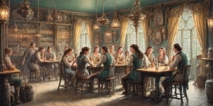 Image of a tavern, 18th century style, small tables at the background, illustration, people drinking, girls