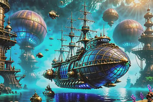 The Nautilus frigate spacecraft, Steampunk,  Style, underwater, game, the underwater city base is visible through a blue haze