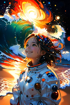(masterpiece:1.4),portrait of cute 1girl, space suit, smiling,no helmet 
outer planets beach, giant waves swirling in the background, twinkling stars,endless colors, endless depth, perfect lighting,  emotional scene, dramatic shadows, superlative technique, ultimate composition, supreme work of art