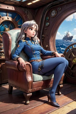 image of  captivating scene featuring by Captain Nemo sitting in an armchair in his cabin on the Nautiluss, semi side view,  gray eyes, (((full body))), Steampunk., ((full body view.)) (( Action pose)) (Masterpiece, Best quality), (finely detailed eyes), (finely detailed eyes and detailed face), (Extremely detailed CG, intricate detailed, Best shadow), conceptual illustration, (illustration), (extremely fine and detailed), (Perfect details), (Depth of field), in a spaceship,disney pixar style