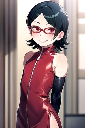 masterpiece, best quality, (solo:1.3),, (arms behind back:1.1),1girl, solo,tiny_breasts,
 glasses,red_eyes, bare shoulders, open jacket,zip  red dress,black cowboy shot,ruin, light smile ,looking at viewer,elbow_gloves,Saradauchiha,short_hair