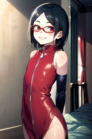 masterpiece, best quality, (solo:1.3),, (arms behind back:1.1),1girl, solo,tiny_breasts,
 glasses,red_eyes, bare shoulders, open jacket,zip  red dress,black cowboy shot,ruin, light smile ,looking at viewer,elbow_gloves,Saradauchiha,short_hair