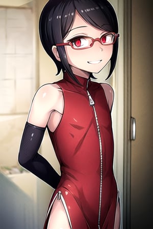 masterpiece, best quality, (solo:1.3),, (arms behind back:1.1),1girl, solo,flat_chest,
 glasses,red_eyes, bare shoulders, open jacket,zip  red dress,black cowboy shot,ruin, light smile ,looking at viewer,elbow_gloves,Saradauchiha