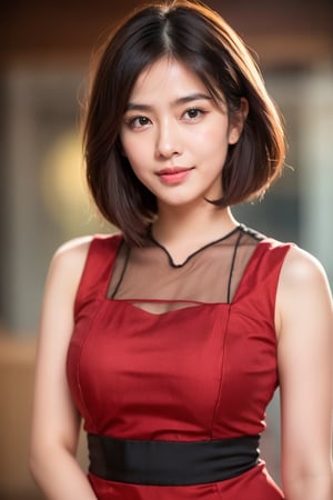 1gilr, solo, 23 yearl old girl, pretty face, professionally taken whole body portrait, cinematic lighting, pretty girl wearing mm_dress, (sleeveless 1.1), red and black outfit, tall girl, detail cloth, short straight bob haircut, black hair, photorealistic,mm_dress, Young beauty spirit ,Best face ever in the world, makeup, eye contact with viewer, seductive look, (smile:0.8),more detail 