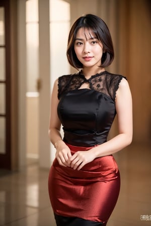 1gilr, solo, 23 yearl old girl, pretty face, professionally taken whole body portrait, cinematic lighting, pretty girl wearing mm_dress, (sleeveless 1.1), red and black outfit, tall girl, detail cloth, short straight bob haircut, black hair, photorealistic,mm_dress, Young beauty spirit ,Best face ever in the world, makeup, eye contact with viewer, seductive look, (smile:0.8)
