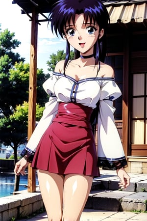 random acction, beautiful girl wearing Eyelet blouse, pink, lace sleeves,  (highschool_skirt), dojikko pose, choker, 18 year old woman, blue eyes, long curly hair, slim body, happy look, thin shoulders, long torso, long legs, wide open mouth, shyly smile, Moist eyes, gentle eyes, anime_screencap 