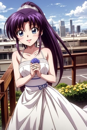 Kaimya kaoru 1996,beautiful 20 year old anime girl with: athletic body, long legs, medium bust, blue eyes, black long hair tied in a ponytail; wearing a wedding dress with flower lace; smiling shyly, flowers in the hands; stop in half the city; in high quality, ,lace_pattern