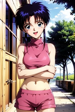  beautiful girl wearing turtleneckshirt, pink,  (ruffle_shorts), dojikko pose, , 18 year old woman, ribbonhair blue eyes, long curly hair, slim body, happy look, thin shoulders, (long torso), long legs, wide open mouth, shyly smile, Moist eyes, gentle eyes, anime_screencap 