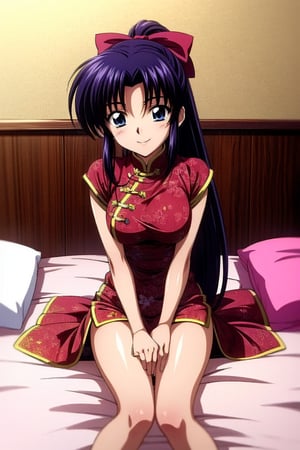 Kamiya kaoru 1996, solo, 1girl, beautiful 20 year old anime girl with: "athletic body, long legs, (properly proportioned female body), medium bust, blue eyes (a little closed smiling eyes), black hair, long hair tied with bow in a high ponytail"; wear chinese clothes; smiling shyly, sleep on bed, in royal  room; in high quality, sakura_pattern, Kamiya Kaoru 1996