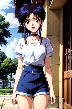 random acction, beautiful girl wearing shirt, pink, puffy_sleeves, (ruffle_shorts), dojikko pose, choker, 18 year old woman, ribbonhair blue eyes, long curly hair, slim body, happy look, thin shoulders, long torso, long legs, wide open mouth, shyly smile, Moist eyes, gentle eyes, anime_screencap 