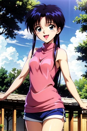 random acction, beautiful girl wearing turtleneckshirt, pink,  (ruffle_shorts), dojikko pose, , 18 year old woman, ribbonhair blue eyes, long curly hair, slim body, happy look, thin shoulders, (long torso), long legs, wide open mouth, shyly smile, Moist eyes, gentle eyes, anime_screencap 