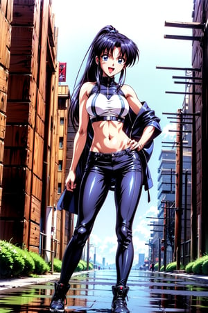 In a futuristic cityscape, Kamiya Kaoru stands out in her striking cyberpunk attire. The slender girl sports thick fitness legs and black long hair tied in a ponytail, with two thin locks framing her face over her ears. Her blue eyes sparkle as she shyly smiles, her open mouth inviting curiosity. Clad in a black cyberpunk coat, neon cyberpunk_ninja_pants, and boots, Kaoru's hands rest on her hip as she gazes to the side, exuding dynamic energy. The cityscape in the night behind her serves as a vibrant backdrop for this stunning 4K, high-resolution image.