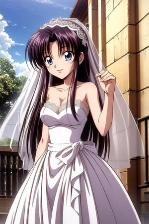 Kaimya kaoru 1996, 1girl, beautiful 20 year old anime girl with: athletic body, long legs, (properly proportioned female body), medium bust, blue eyes, black long hair tied in wedding hairstyle; wearing a wedding dress with lace, (see through lace_veil); smiling shyly, flowers in the hands; stop in half the city; in high quality, ,lace_pattern