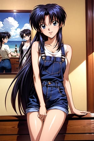 Kamiya Kaoru 1996, kaoru_96s, masterpiece, best quality, (solo:1.3),1girl, v-shirt,overalls dress, bare_shoulder, Tomboy, medium_breast:1.4, long neck, oval face:1.8, black long hair:1.8, two long strands of hair over his ear, beautiful-legs:1.8, beautiful-blue-eyes:1.8, looking_at_viewer, seductive pose:1.8, , arms on chest, seductive smile, slender body, legs focus, 