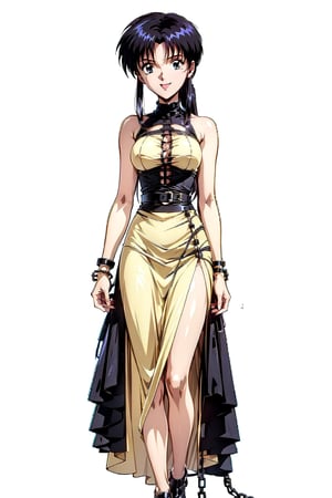 solo, long hair,  cum_on_mouth, (((black_gothic_dress))), ropes, leather, hole, chains_bracelet, barbs, belts; standing, indoors, happy look, anime_screencap, white background, kaoru_96s