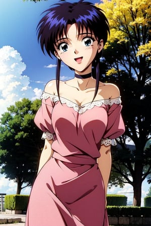 random acction, beautiful girl wearing Eyelet Dress, pink, lace sleeves, ruffle skirt, dojikko pose, choker, 18 year old woman, blue eyes, long curly hair, slim body, happy look, thin shoulders, long torso, long legs, wide open mouth, shyly smile, Moist eyes, gentle eyes, anime_screencap 