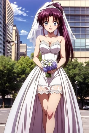 Kaimya kaoru 1996,beautiful 20 year old anime girl with: athletic body, long legs, (properly proportioned female body), medium bust, blue eyes, black long hair tied in a ponytail; wearing a wedding dress with lace, (see through lace_veil); smiling shyly, flowers in the hands; stop in half the city; in high quality, ,lace_pattern