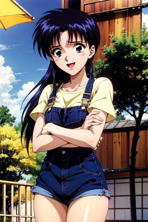 random acction, beautiful girl wearing ruffle blouse, torn overalls,18 year old woman, long curly hair, slim body, thin shoulders, happy look, wide open mouth, shyly smile, Moist eyes, gentle eyes, anime_screencap 