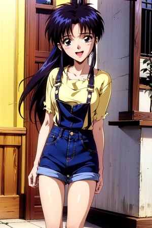 random acction, beautiful girl wearing ruffle blouse, torn overalls,18 year old woman, long curly hair, slim body, thin shoulders, happy look, long legs, wide open mouth, shyly smile, Moist eyes, gentle eyes, anime_screencap 