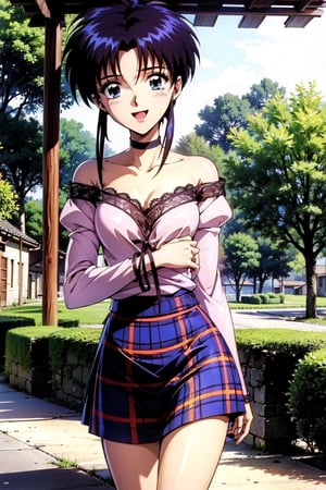 random acction, beautiful girl wearing Eyelet blouse, pink, lace sleeves,  tartan_skirt, dojikko pose, choker, 18 year old woman, blue eyes, long curly hair, slim body, happy look, thin shoulders, long torso, long legs, wide open mouth, shyly smile, Moist eyes, gentle eyes, anime_screencap 