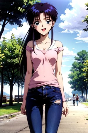  beautiful girl, wearing sweater, (torn_jeanpants), dojikko pose, , 18 year old woman, ribbon_hair, blue eyes, very_long_hair, slim body, happy look, thin shoulders, (long_torso), long legs, wide open mouth, shyly smile, Moist eyes, gentle eyes, anime_screencap 