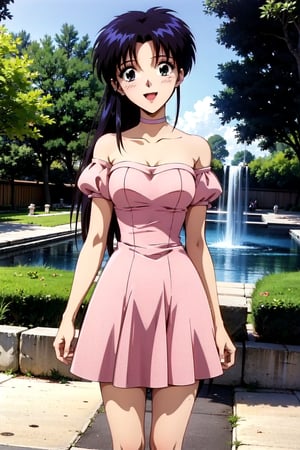 random acction, beautiful girl wearing majestic tulle ruffle dress, pink, bubble sleeves, hole, choker, 18 year old woman, long curly hair, slim body, happy look, thin shoulders, long torso, long legs, wide open mouth, shyly smile, Moist eyes, gentle eyes, anime_screencap 