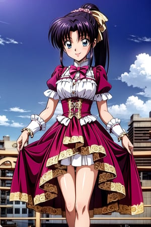 Kamiya kaoru 1996, solo, 1girl, beautiful 20 year old anime girl with: "athletic body, long legs, beautiful legs: 1. 2. (properly proportioned female body), medium bust, blue eyes, beautiful eyes: 1. 2., black hair, long hair tied with bow in a high ponytail"; wear Victorian dress, lace petticoat skirt; smiling shyly, stand on the city, hair in the wind; legs focus, in high quality, 8k, High Definition, HD, sakura_pattern, Kamiya Kaoru 1996,victorian